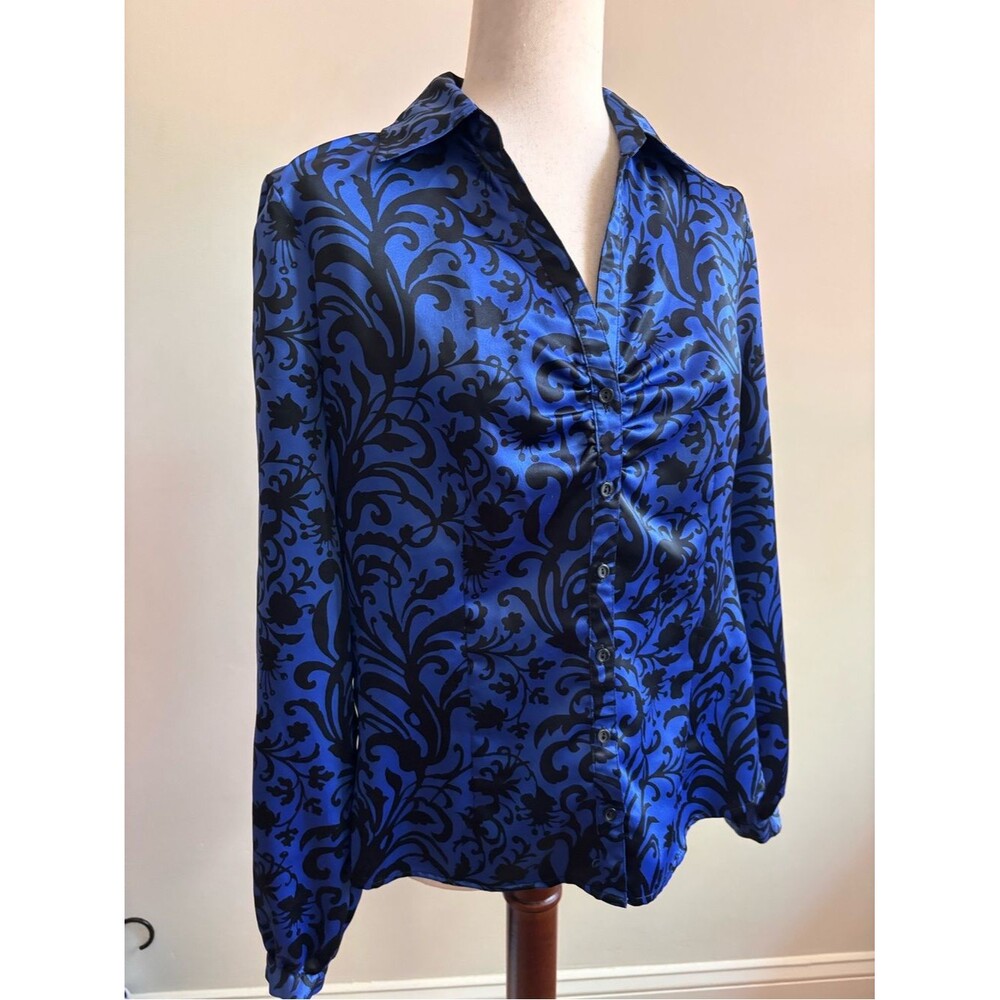 Size 12 Satin Blue Black Blouse Brocade